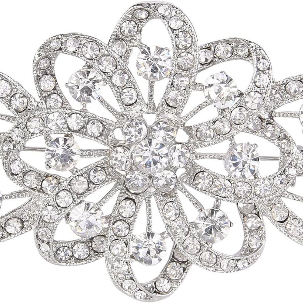 Austrian Crystal Wedding Party Accessories 3.7 Inch Bridal Flower Ribbon Brooch